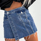 Blue Button Wrap Over Raw Hem Denim Shorts