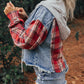 Plaid Print Patchwork Hooded Raw Hem Denim Jacket