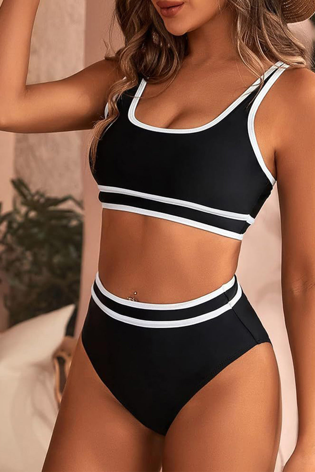 Contrast Trimmed U Neck High Waist Bikini
