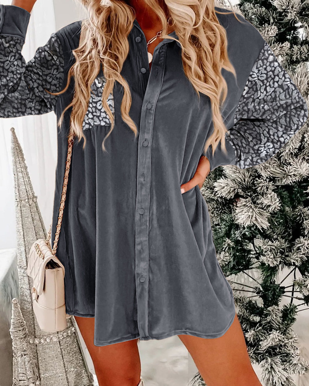 Velvet Button Front Shirt Mini Dress