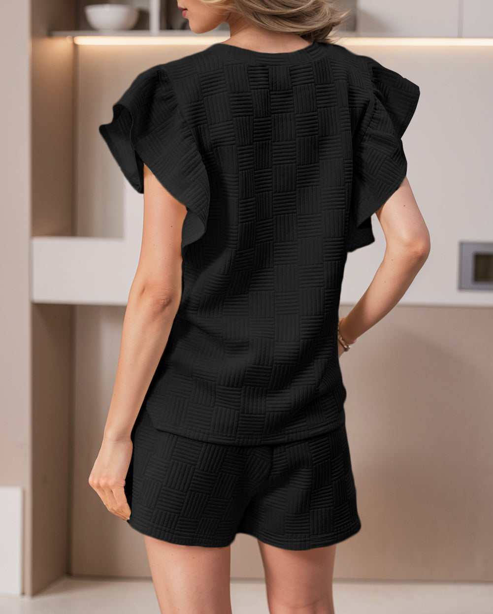 Textured Ruffled Sleeve Tee and Drawstring Shorts Set