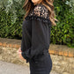 Leopard Mesh Splicing Ruffle Long Sleeve Blouse