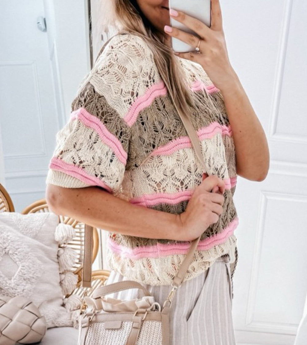 Stripe Color Block Hollow Out Crochet Half Sleeve Sweater