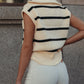 Stripe Zipped Collar Cap Sleeve Knit Top