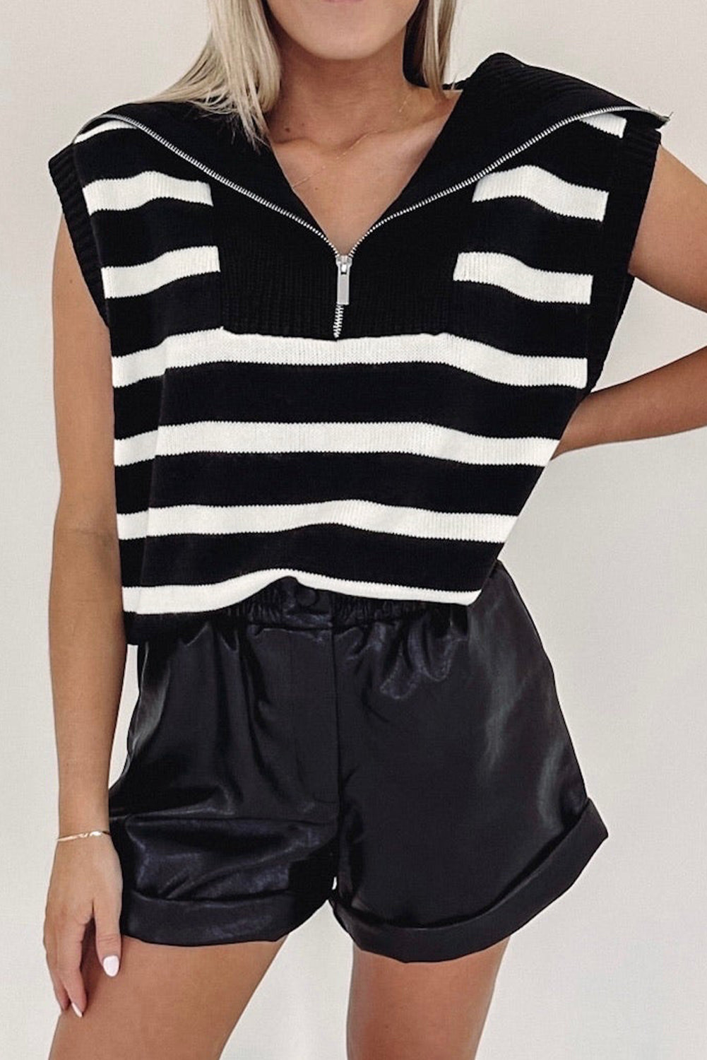 Stripe Zipped Collar Knit Sweater Tank