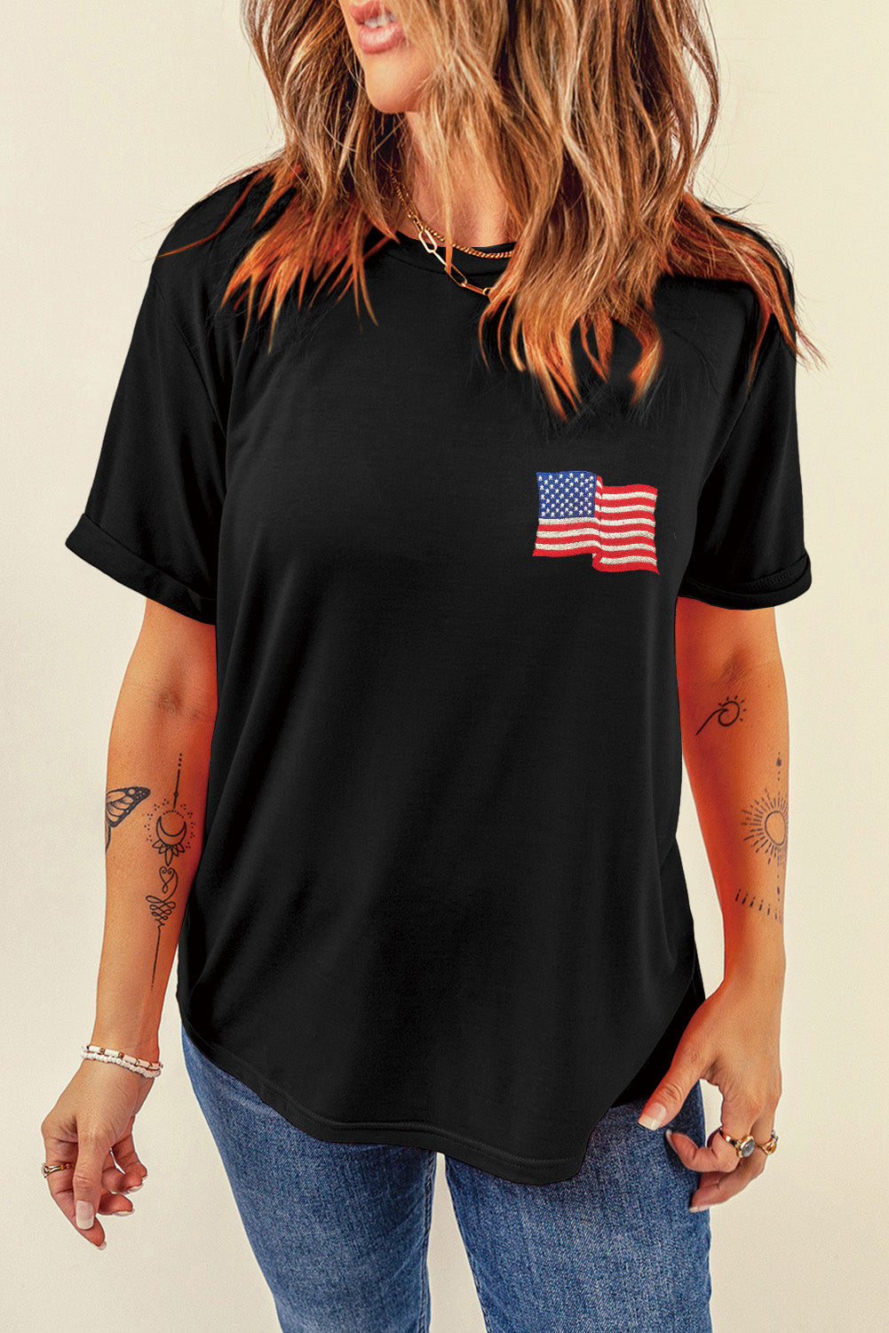 American Flag Embroidered Round Neck T Shirt
