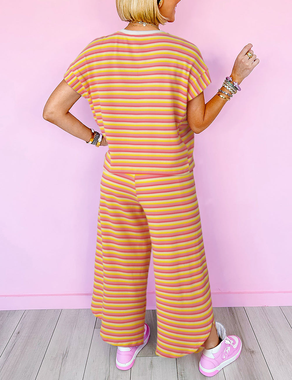 Stripe Rainbow Tee Tasseled String Wide Leg Pants Set