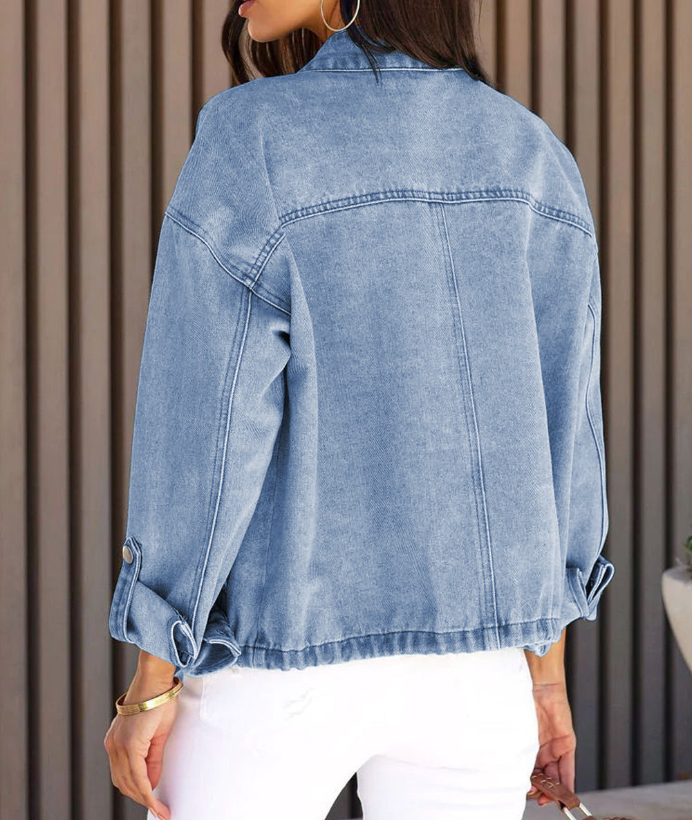 Blue Roll-Up Tab Sleeve Button Down Pocket Denim Jacket