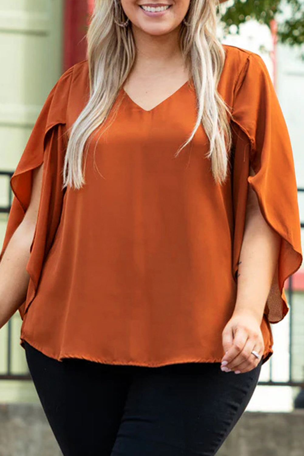Plus Size Solid Wrapped Ruffled Sleeve V Neck Blouse