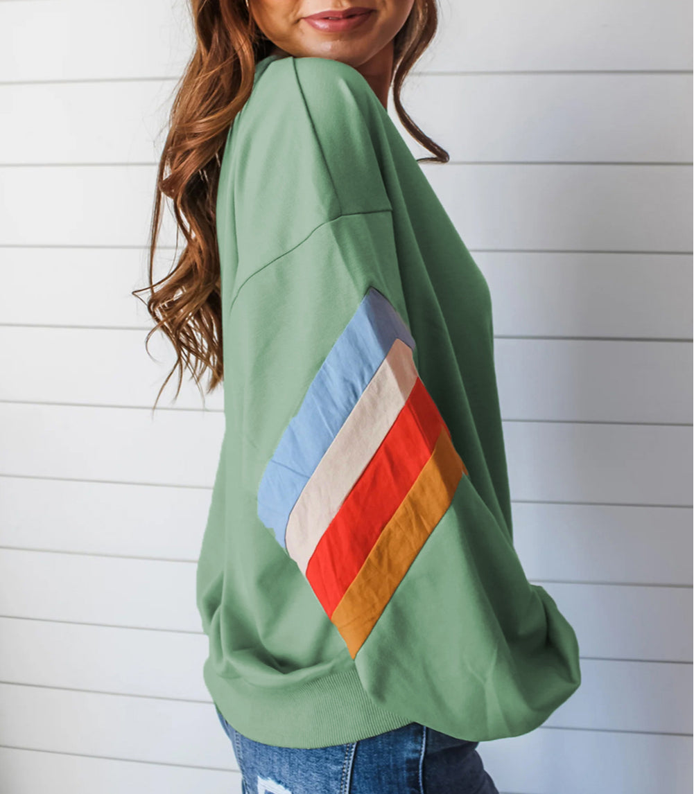 Rainbow Striped Sleeve Crew Neck Loose Sweatshirt