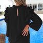 Button Keyhole Back Pleated Ruffle Trim Blouse