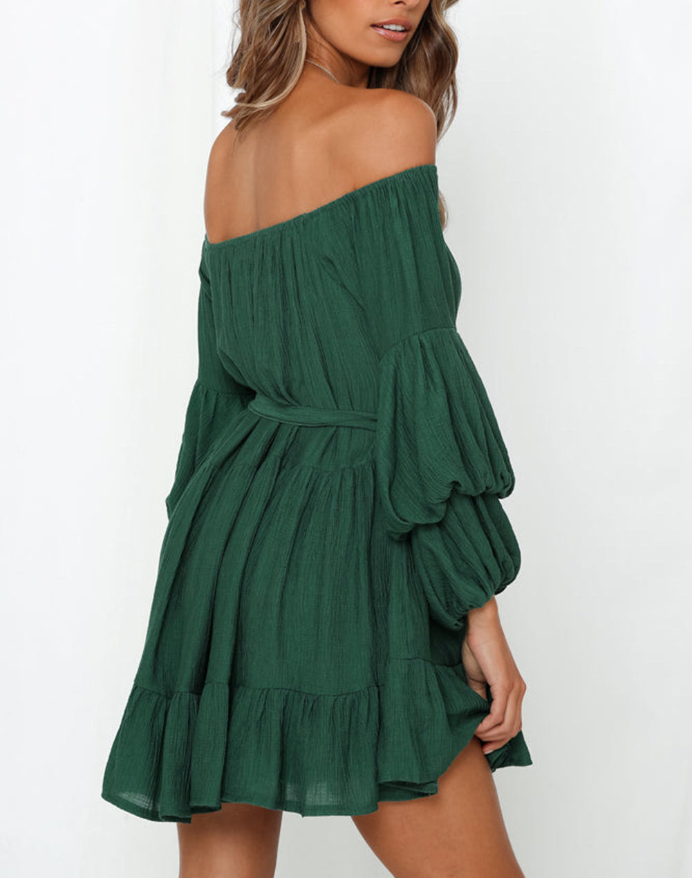 Off-Shoulder Tiered Bubble Sleeve Ruffled Dress