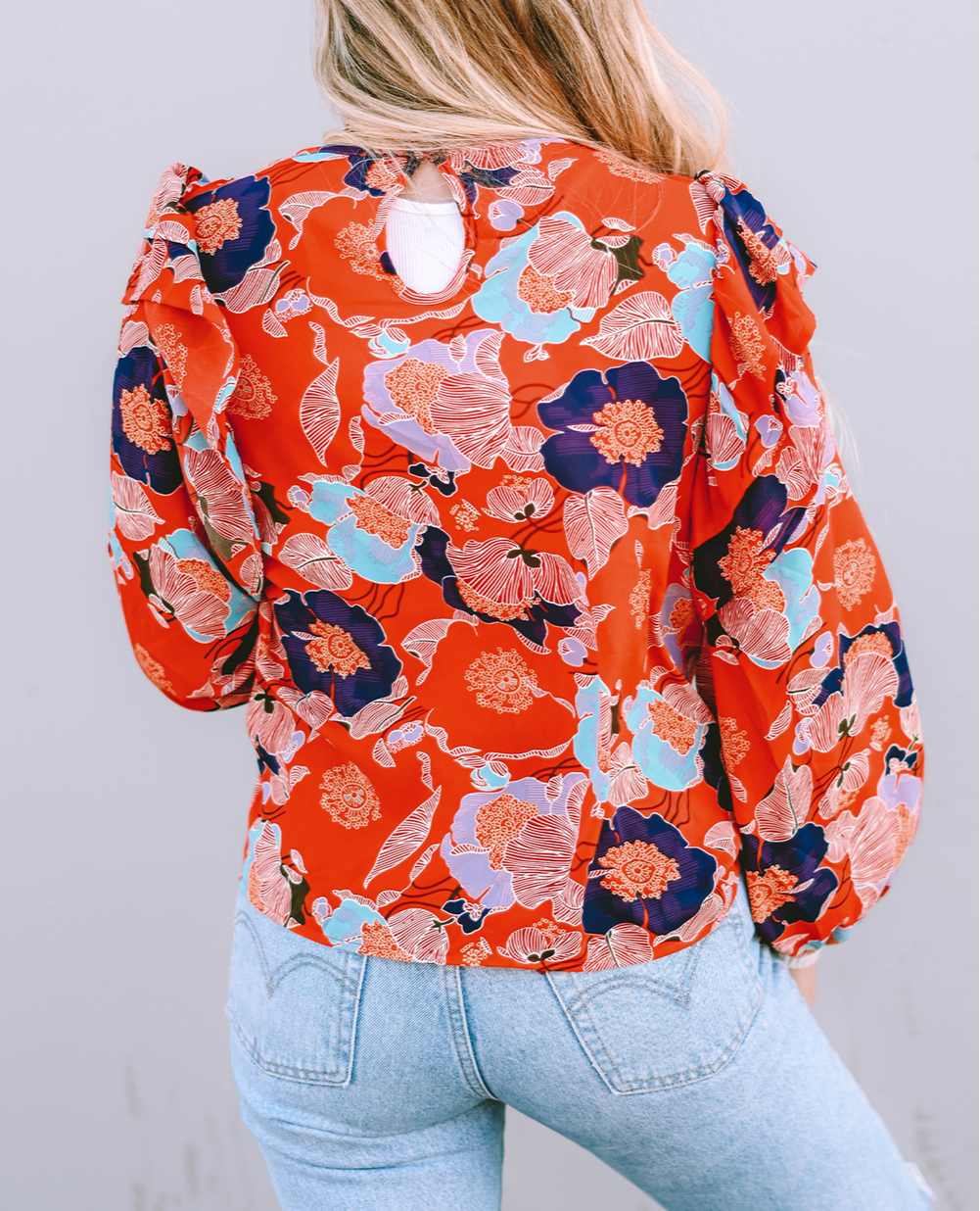 Floral Print Ruffle Puff Sleeve Blouse