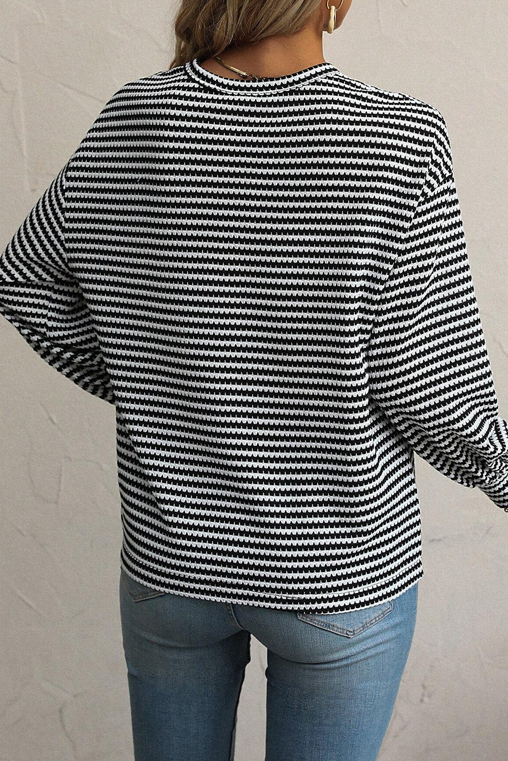 Stripe Round Neck Drop Shoulder Long Sleeve Top