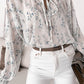 White Floral Tie Neck Long Sleeve Crinkle Blouse