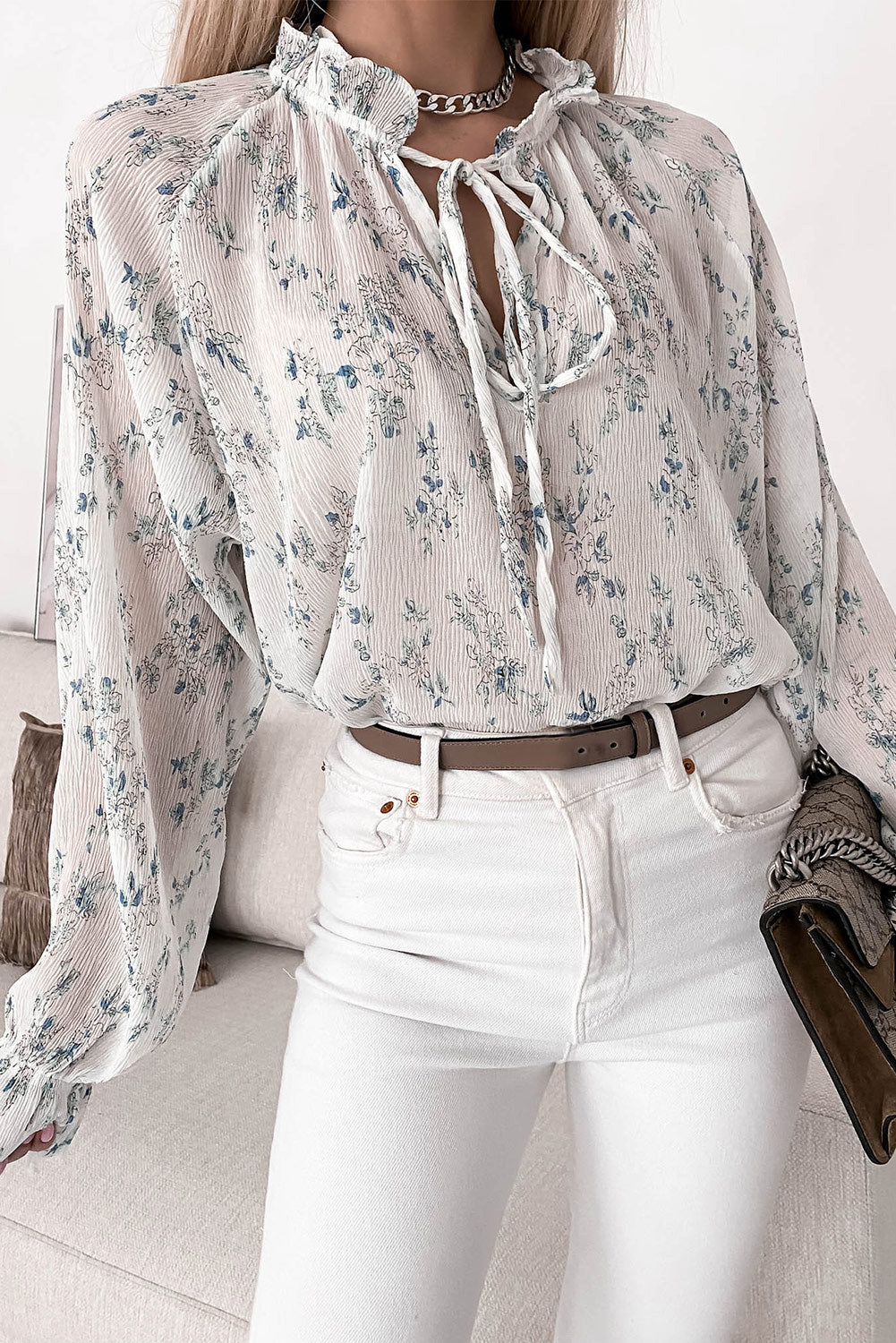 White Floral Tie Neck Long Sleeve Crinkle Blouse