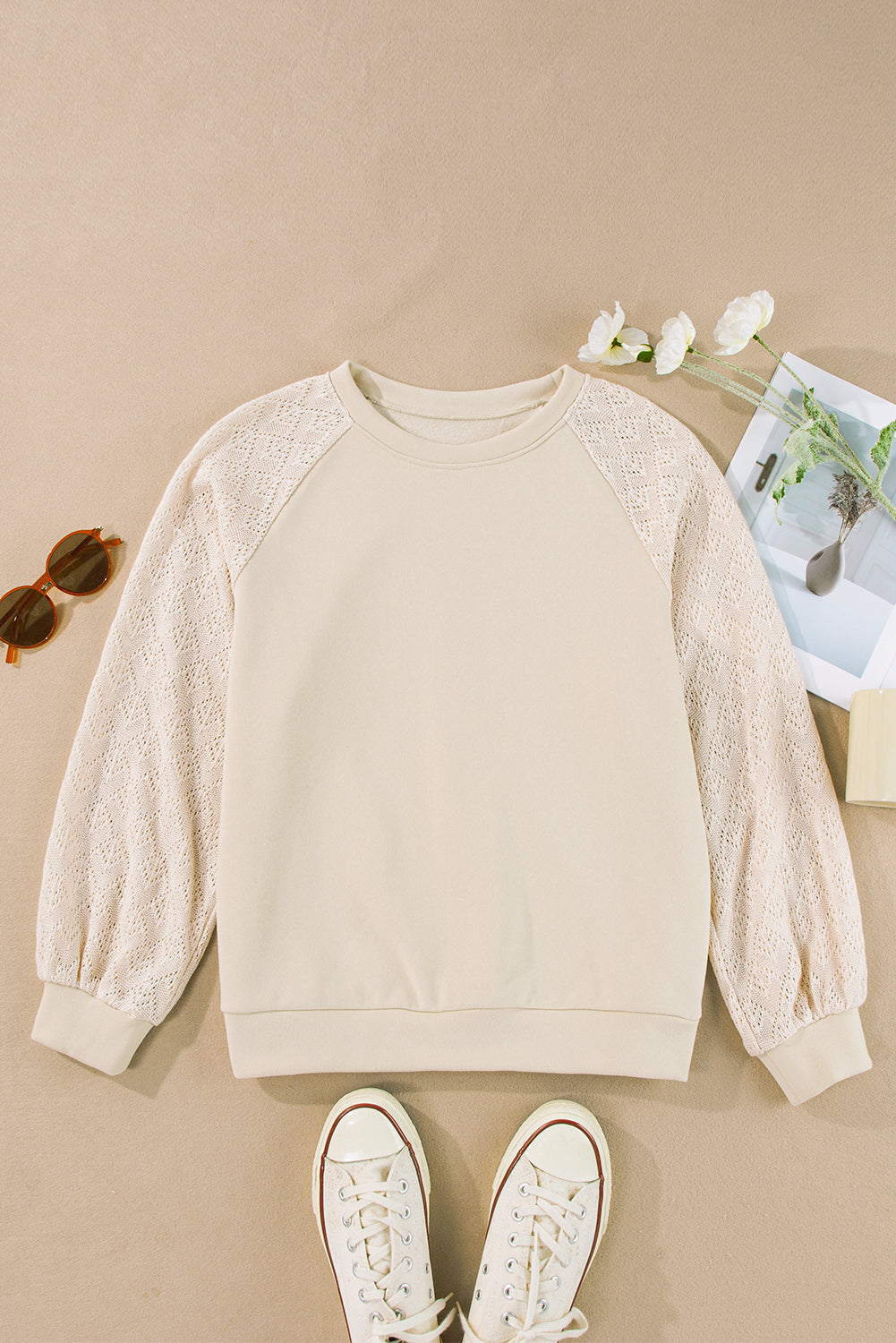 Eyelet Knit Patchwork Raglan Sleeve Pullover Top