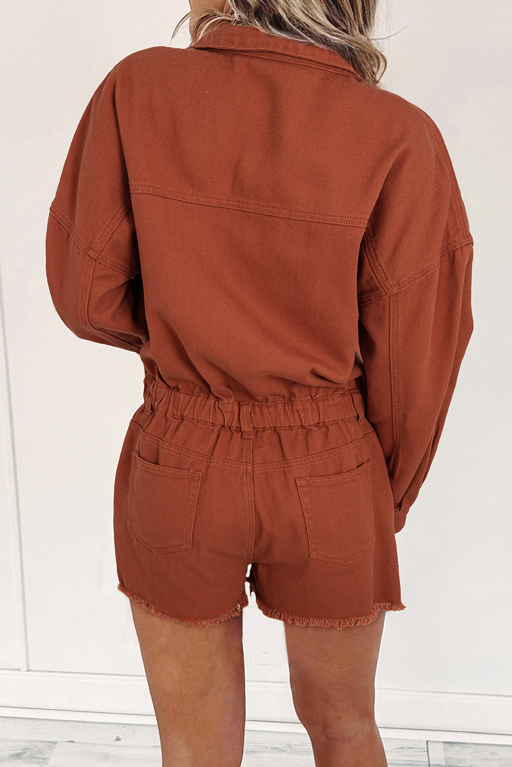 Long Sleeve Snap Buttons Distressed Denim Romper