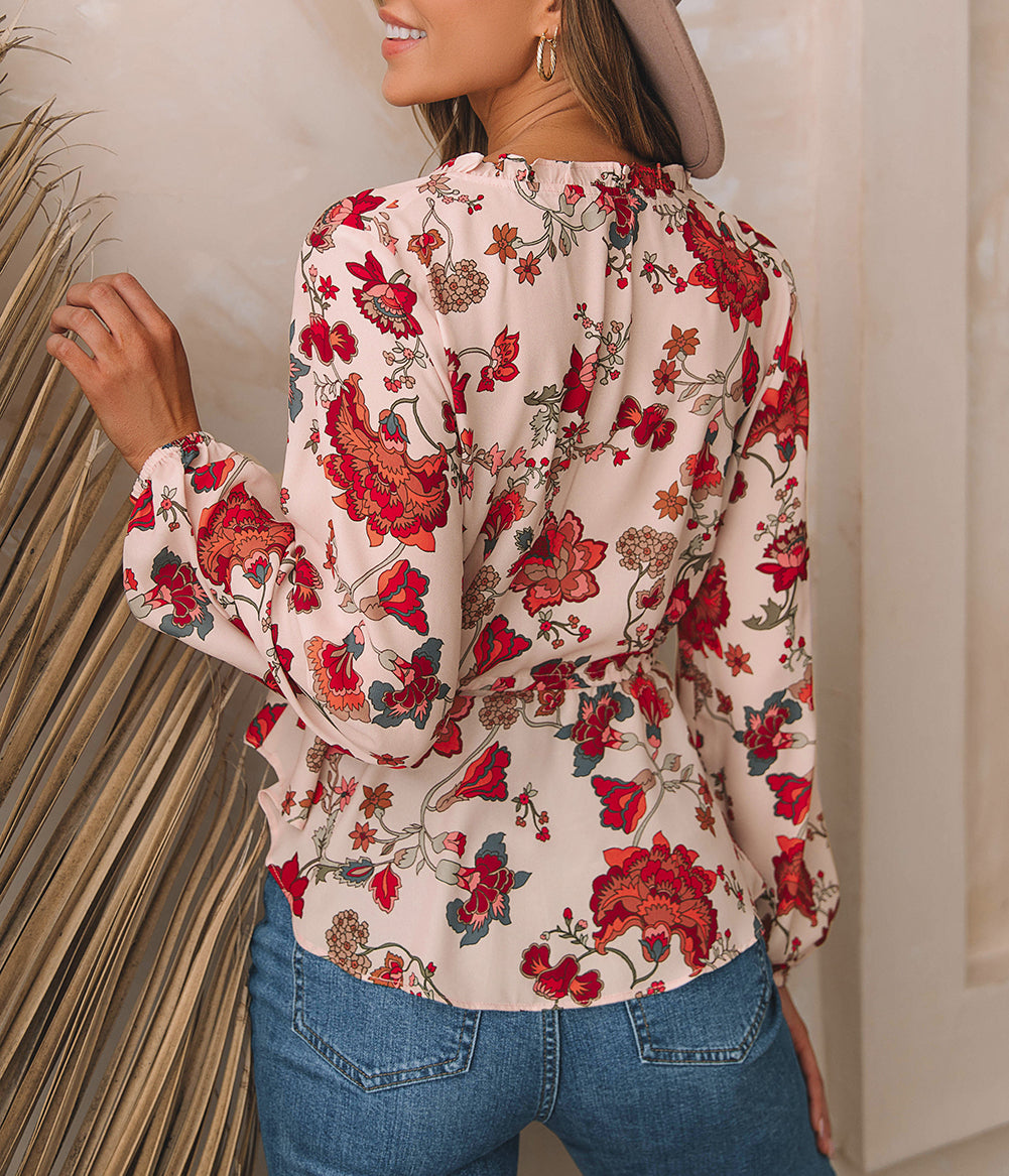 Floral Frilled V Neck Drawstring Peplum Blouse