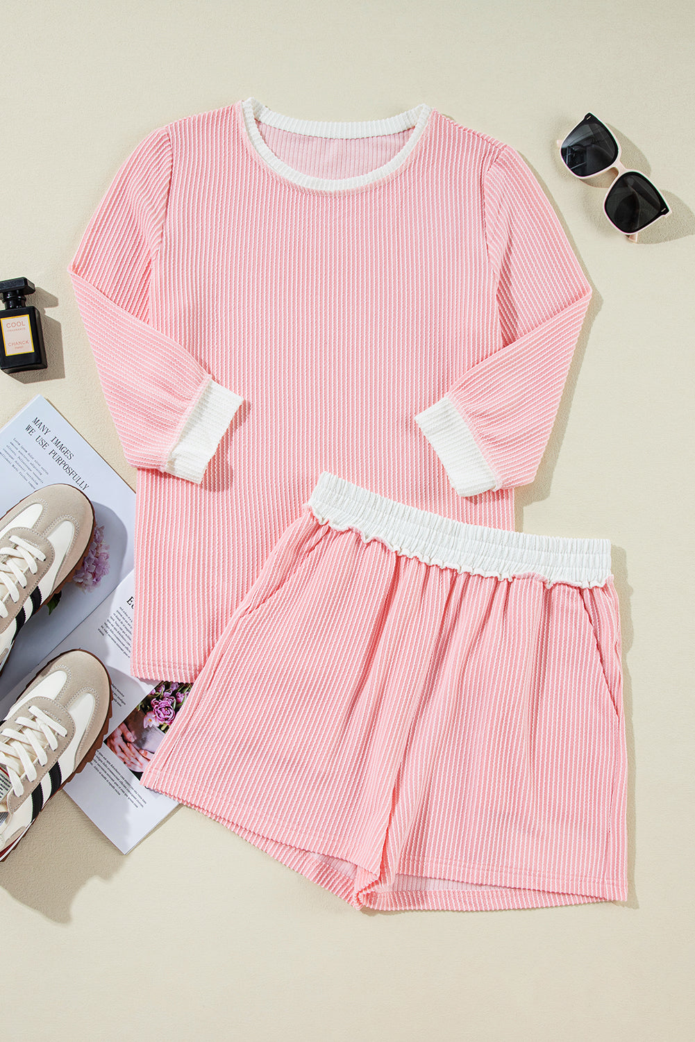 Corded Colorblock Long Sleeve Top and Shorts Set