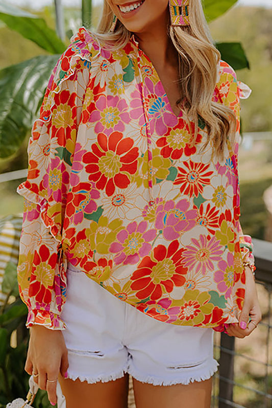 Floral Print Frilled Long Puff Sleeve Blouse