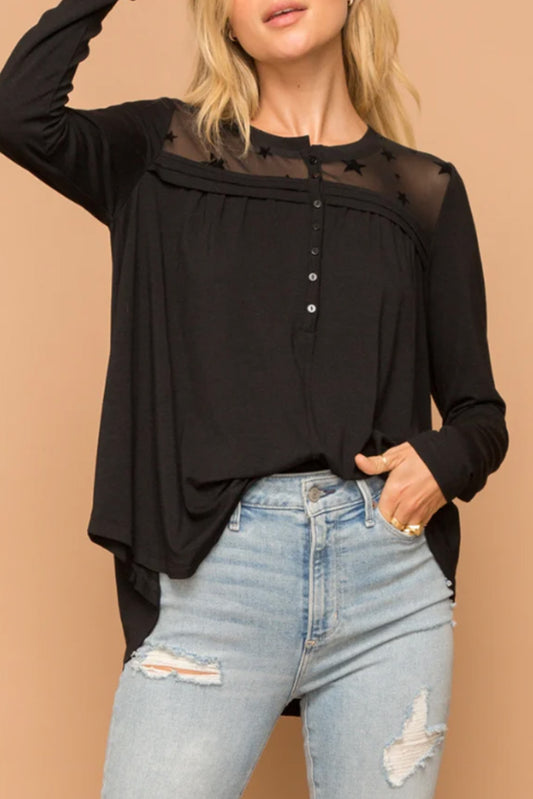 Star Mesh Yoke Draped Detail Blouse