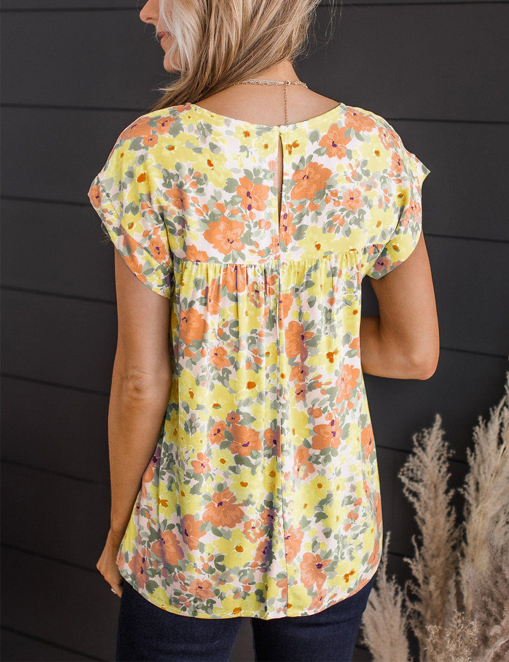 Floral Print Keyhole Back Short Sleeve Babydoll Blouse