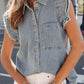 Frayed Ruffle Sleeve Denim Shirt