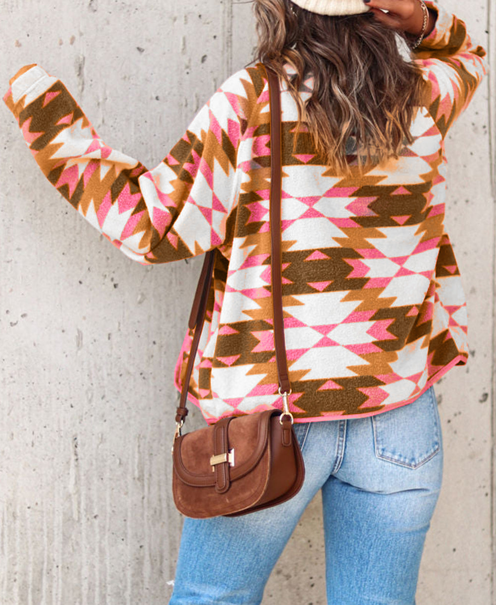 Western Aztec Buttoned Zipper Pockets Fleece Jacket