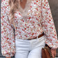 White Floral Long Sleeve Lace V-Neck Blouse