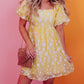 Flower Jacquard Puff Sleeve Square Neck Mini Dress