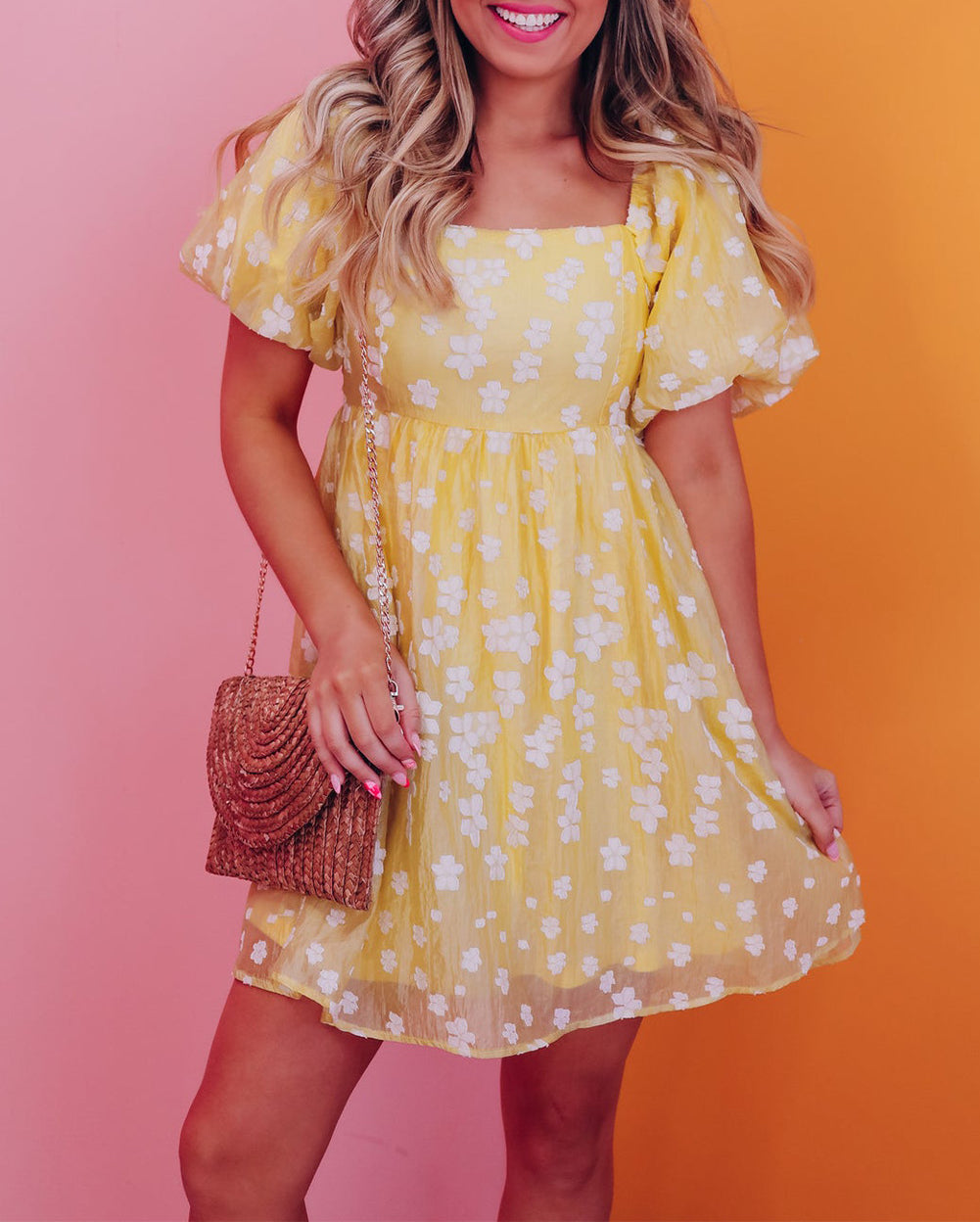 Flower Jacquard Puff Sleeve Square Neck Mini Dress