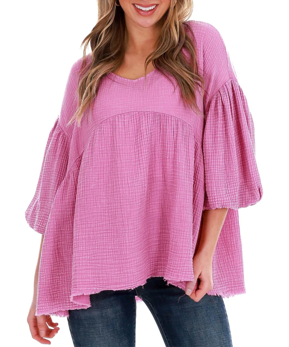 Crinkle Bubble Sleeve Raw Hem Babydoll Blouse