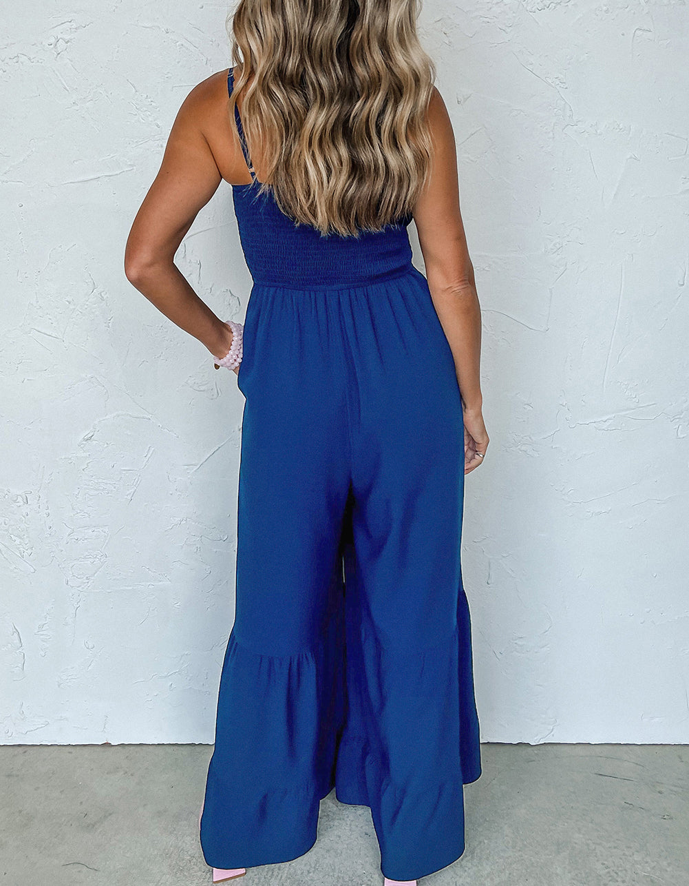 Spaghetti Straps Smocked Ruffled Wide Leg Jumpsuit