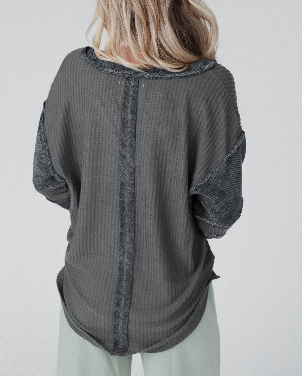 Contrast Patched Exposed Seam Waffle Knit Henley Top