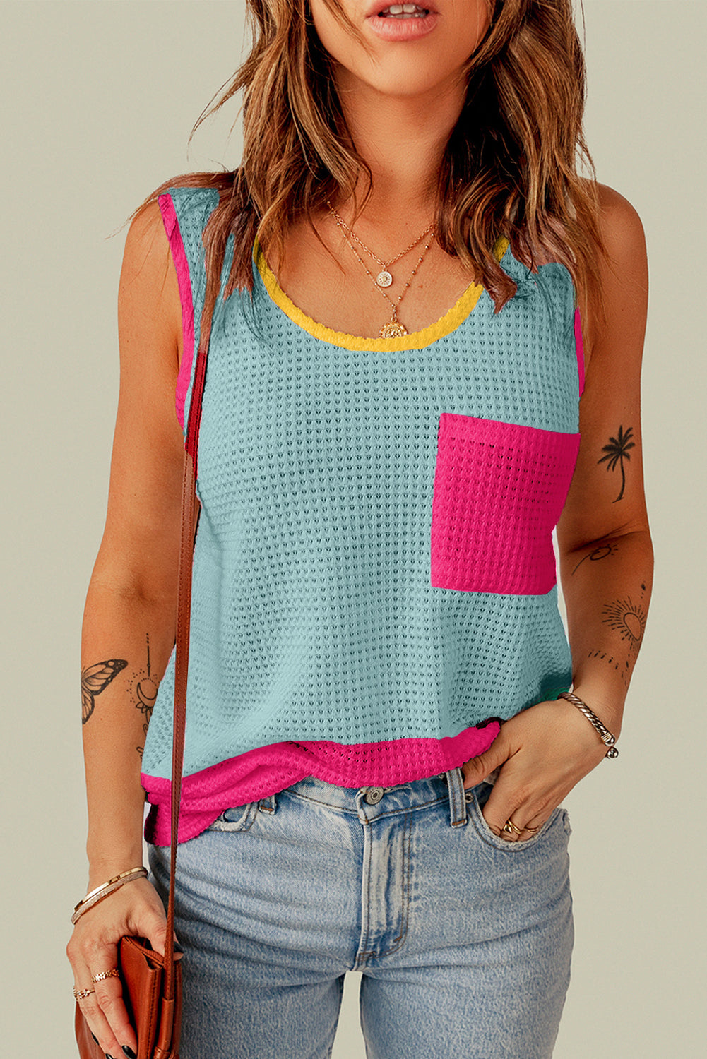 Color Block Patched Pocket Breathable Knit Tank Top