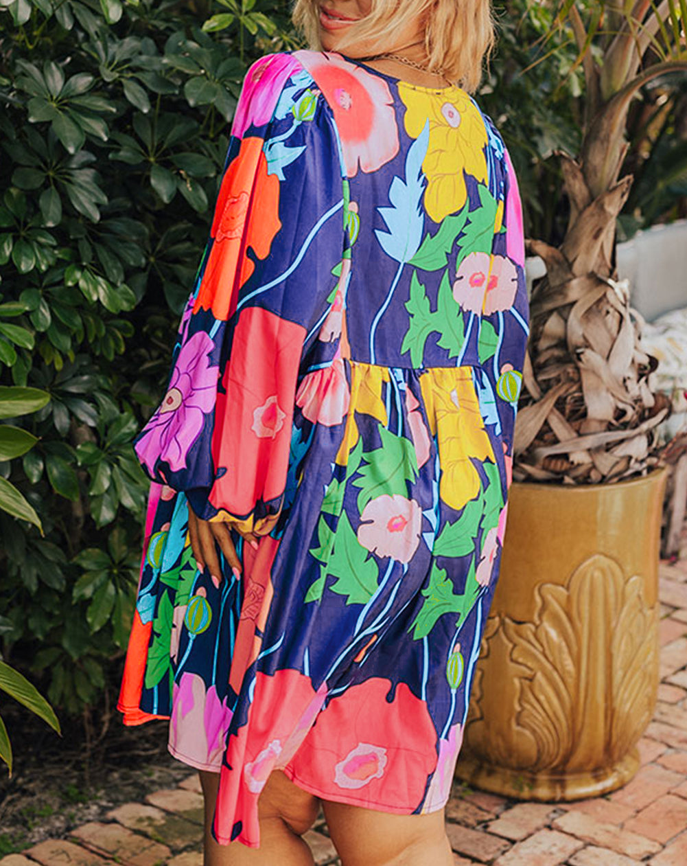 Plus Size Floral V Neck Balloon Sleeve Babydoll Dress