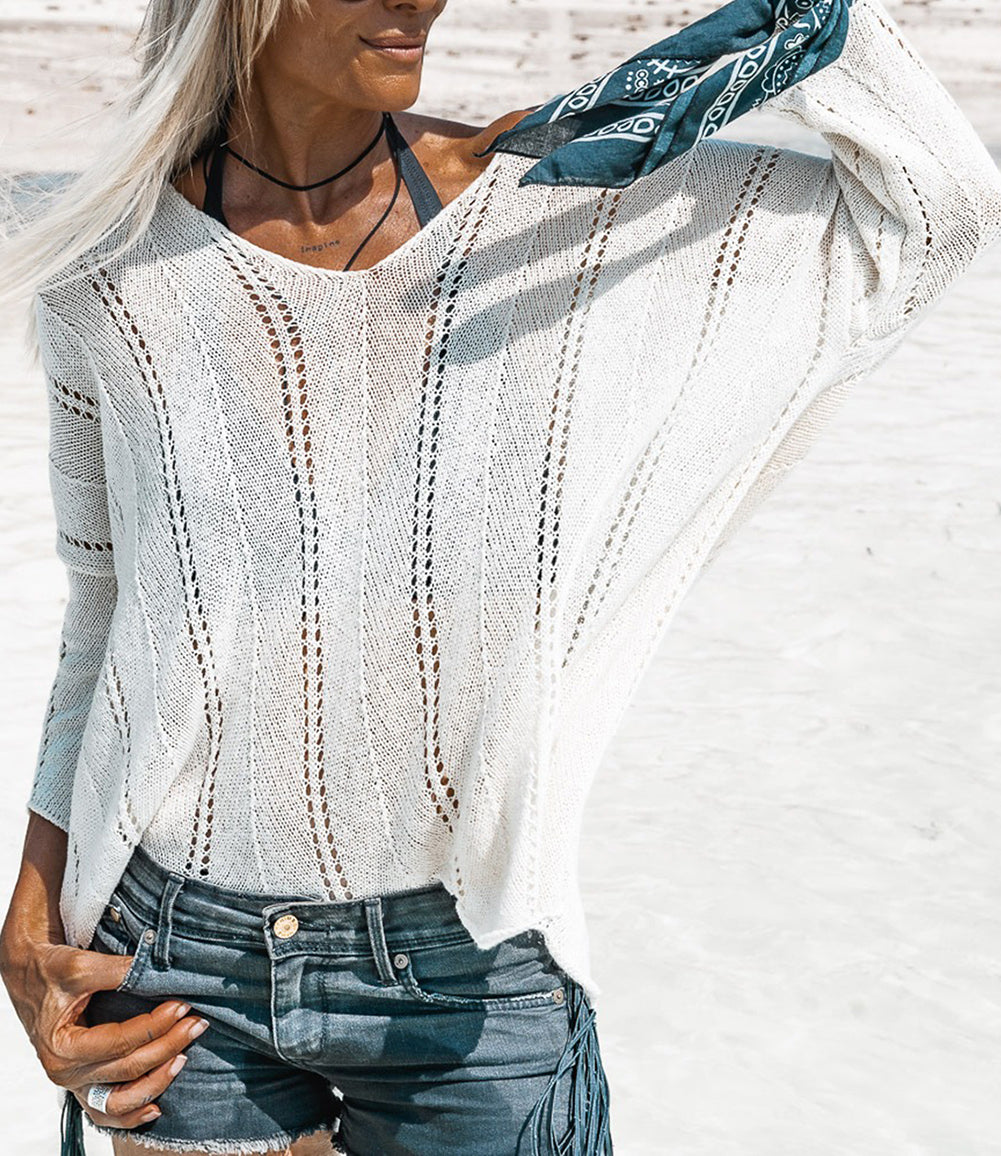 Hollowed Detail Knitted Loose V Neck Sweater