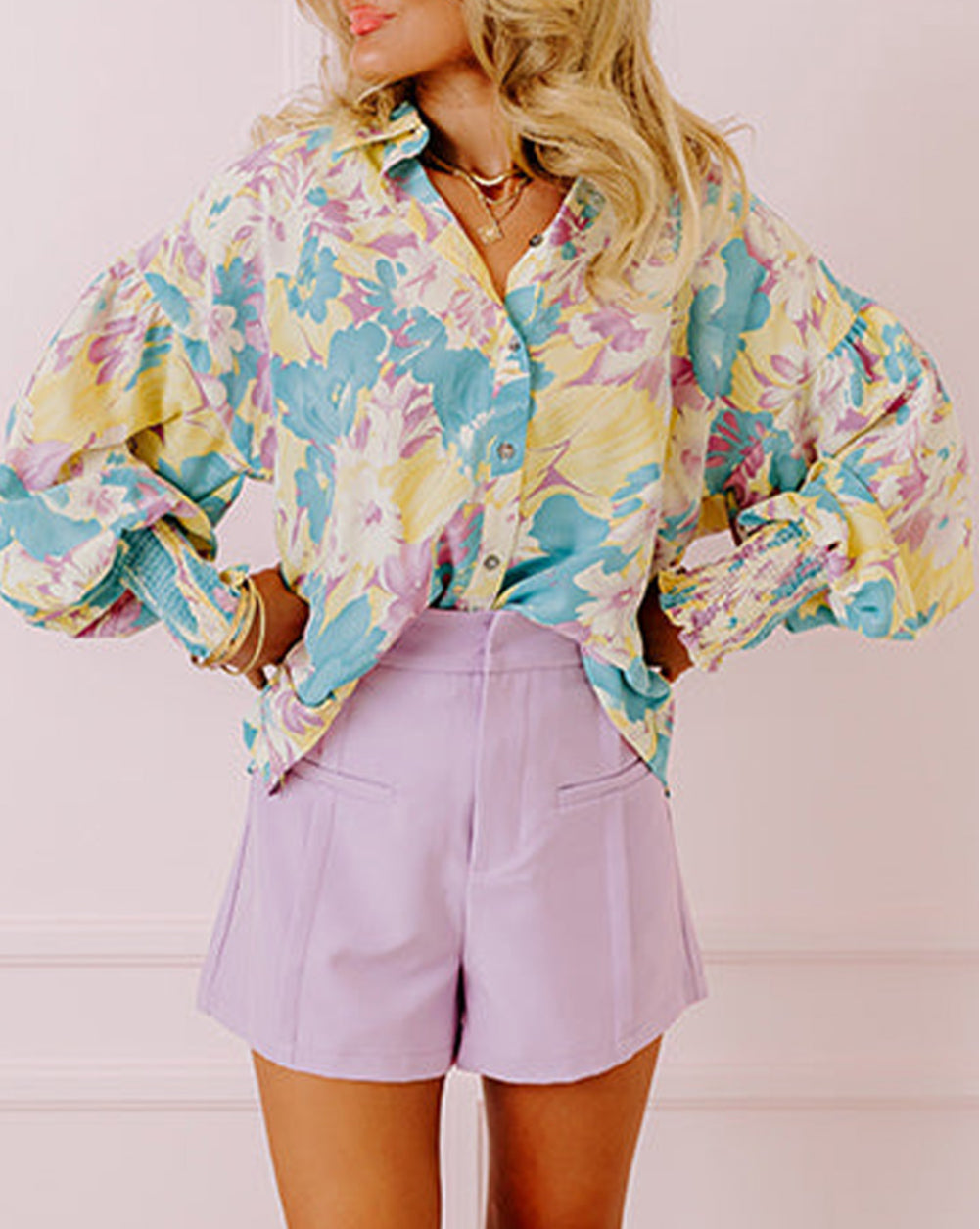Floral Allover Print Shirred Cuff Oversized Shirt