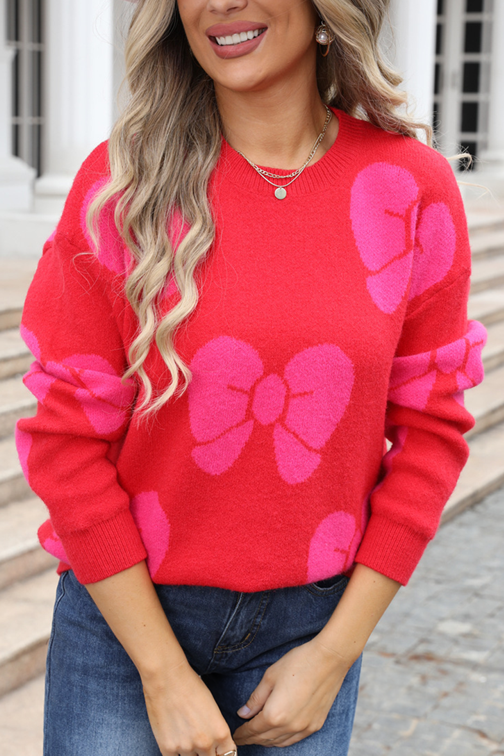 Valentine Bowknot Knitted Round Neck Fashion Sweater