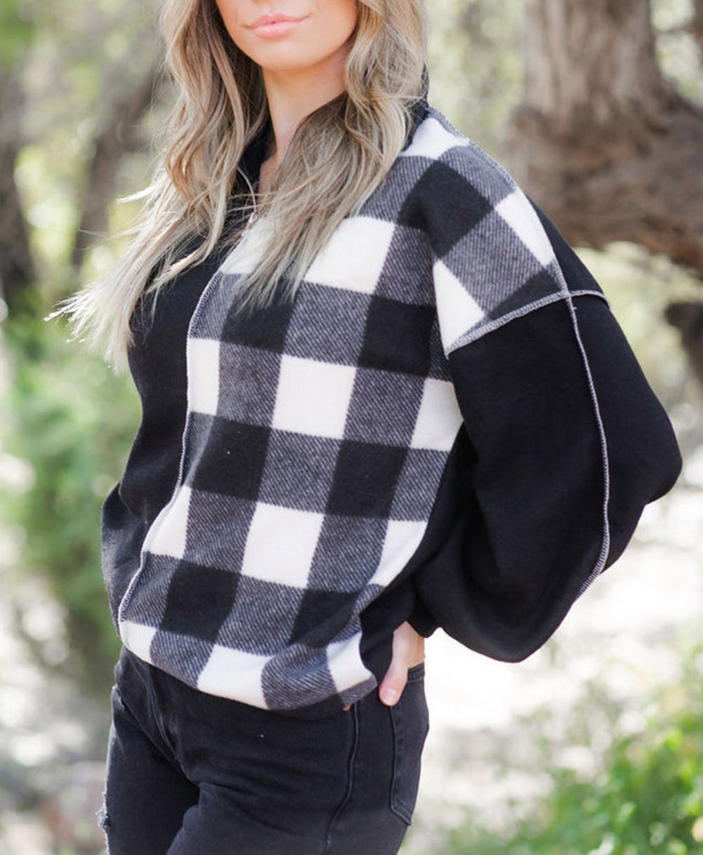 Checkboard Patchwork Exposed Stitching Collared Top