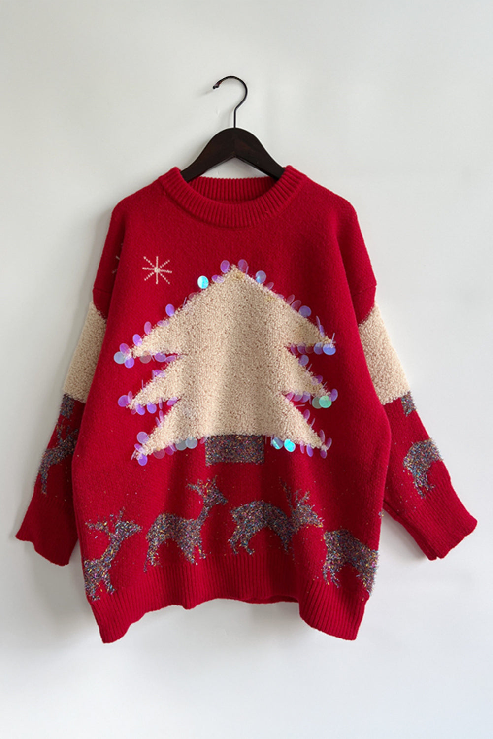 Sequin Fuzzy Christmas Tree Tinsel Elk Drop Shoulder Sweater