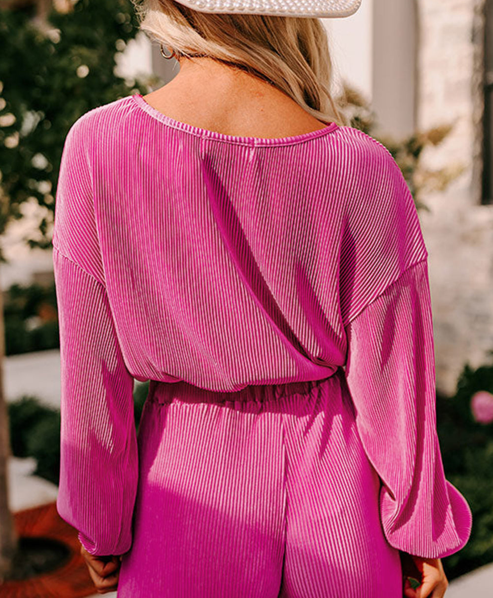 Solid Pleated Crop Top Wide Leg Pants Set