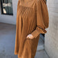 Corduroy Pleated Puff Sleeve Shift Short Dress