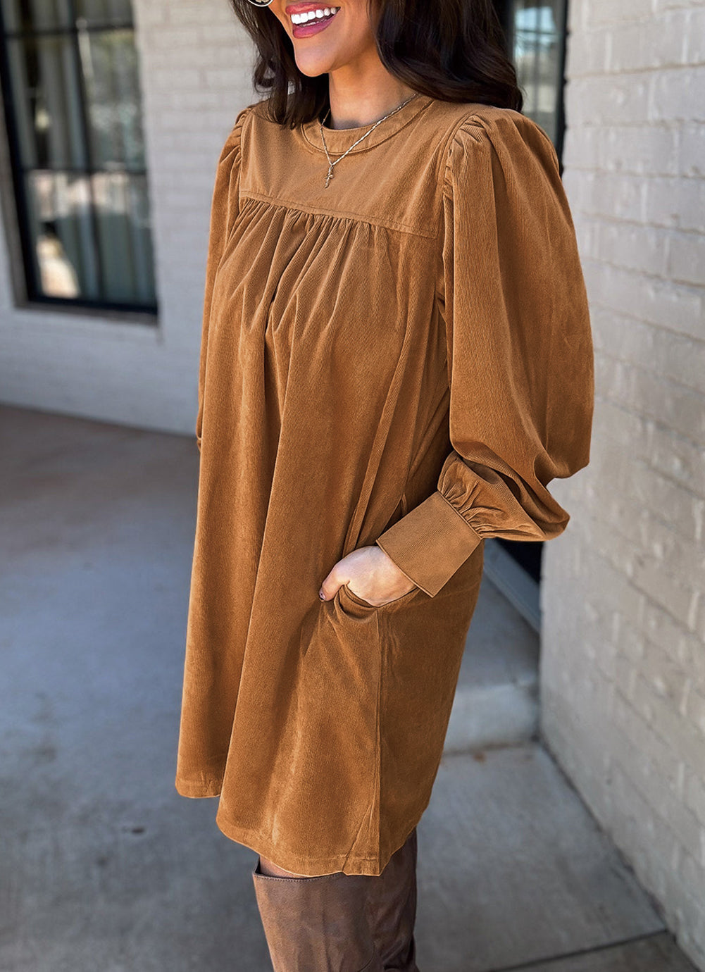 Corduroy Pleated Puff Sleeve Shift Short Dress