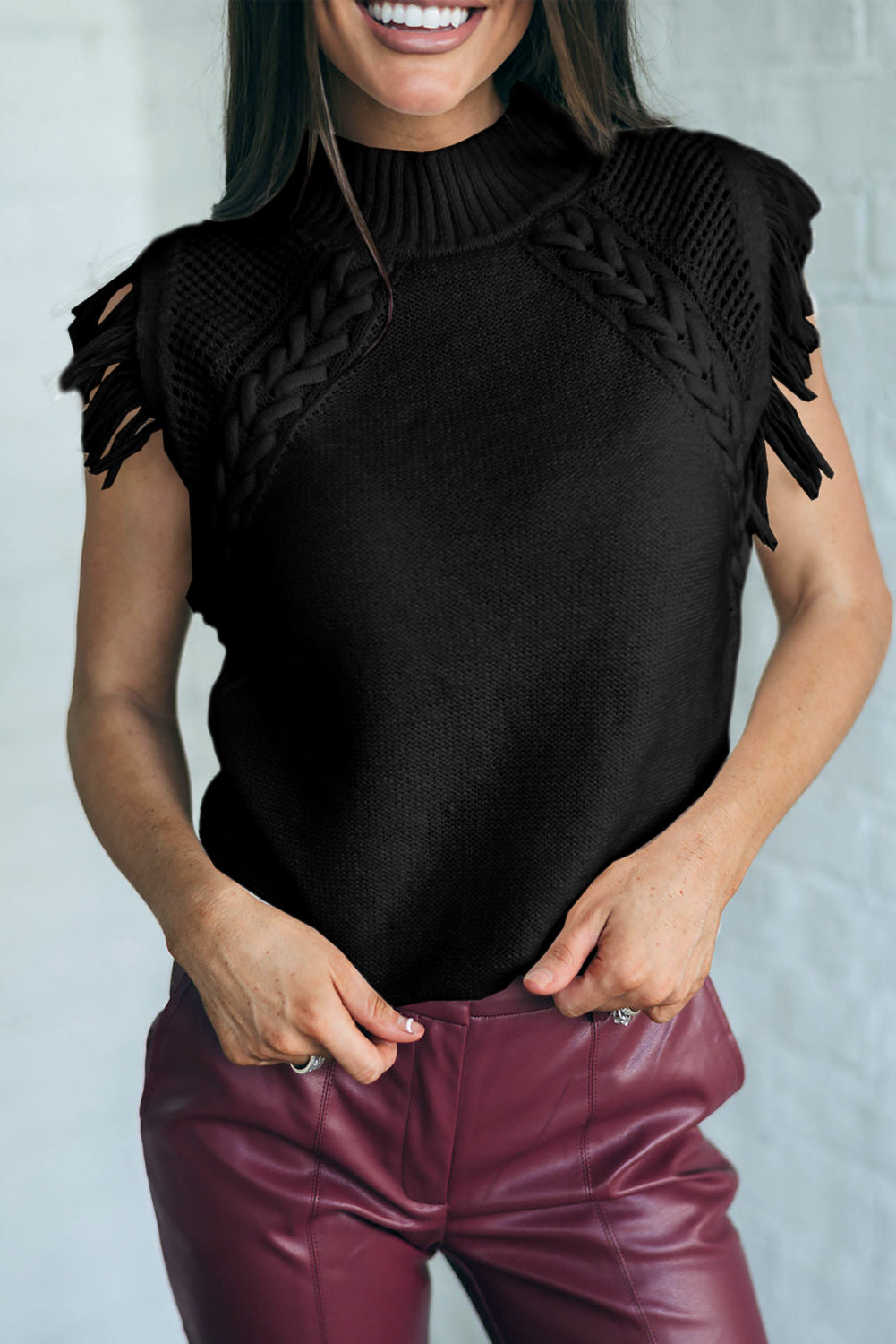 Woven Tasseled Sleeveless Mock Neck Sweater Vest