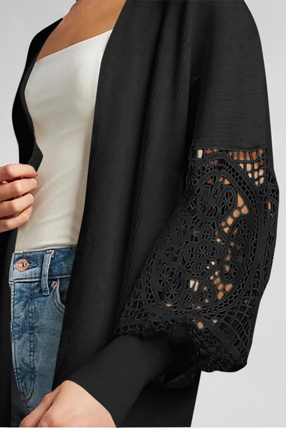 Crochet Lace Sleeve Ribbed Knit Cardigan