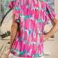 Abstract Brush Print Ruffled Sleeve Frill V Neck Blouse