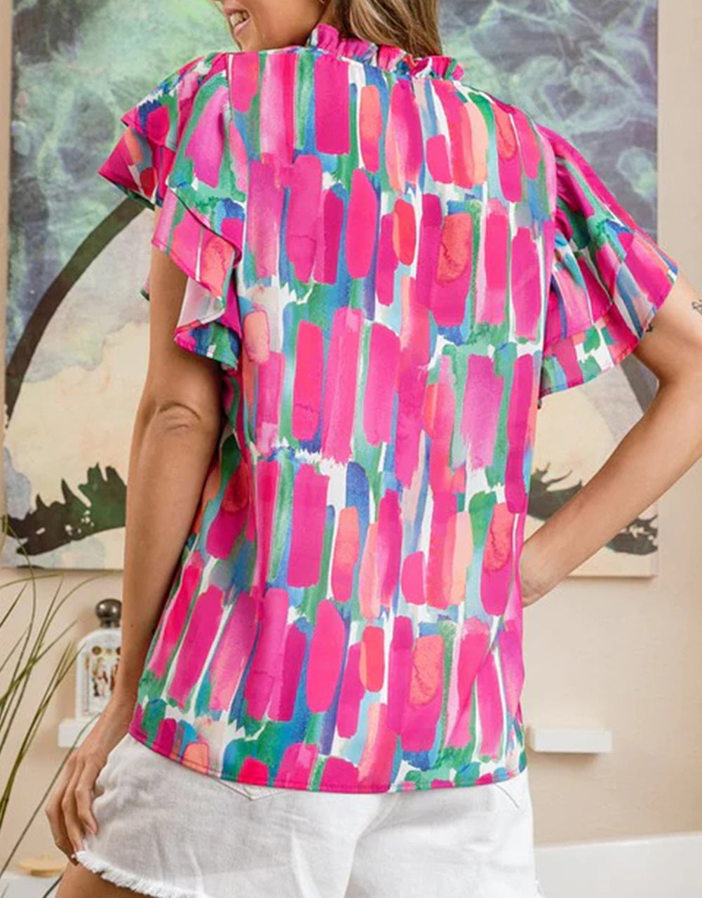 Abstract Brush Print Ruffled Sleeve Frill V Neck Blouse