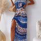 Ethnic Print Ruffle Strapless Tie Waist Maxi Dress
